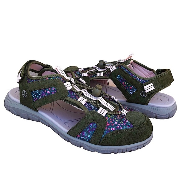 Lands End Suede Fabric Floral Green Bungee Cord Close Toe Women Sport Sandal 9B - Picture 1 of 14